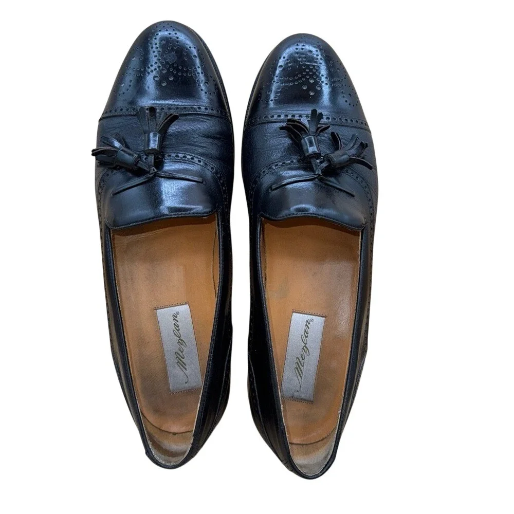MEZLAN Havana Kiltie Tassel Black Leather Cap-toe Black Loafers, Men's 10.5, EUC